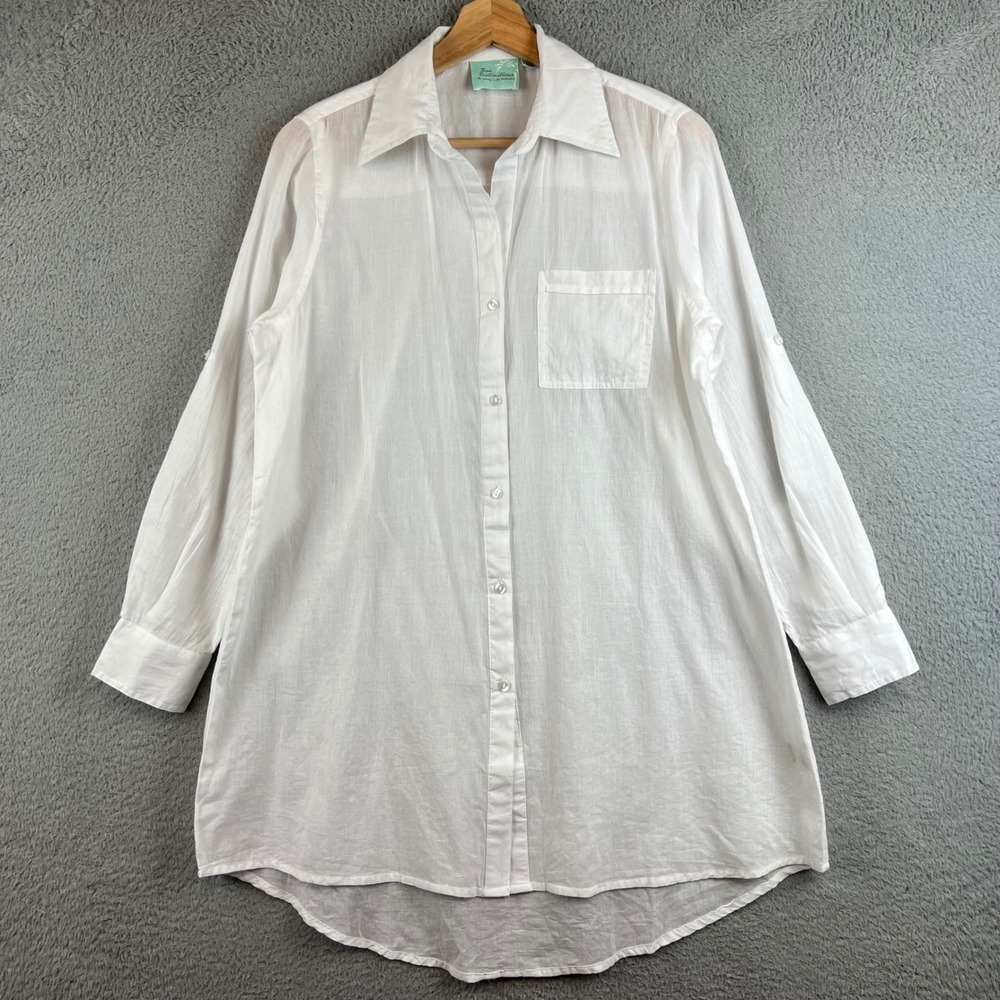 True Destinations Womens White Roll Tab Sleeve Button Down Tunic Shirt Size S